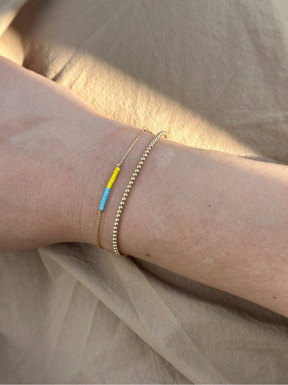 Brand new Gold Beaded Bracelet Set with Blue and Yellow Seed Beads